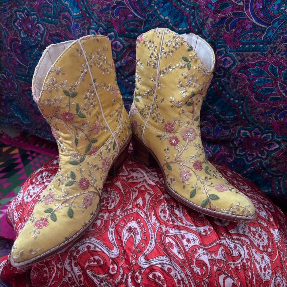 Free People Yellow Ankle Booties with Ornate Design